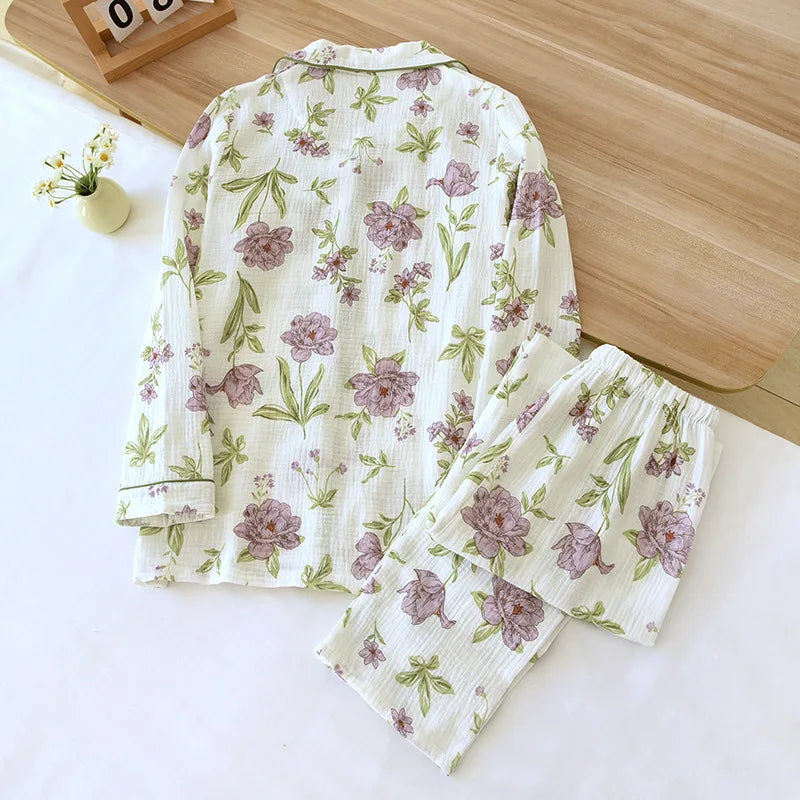2024 Autumn Cotton Crepe Women's Pajamas Casual Soft Loose Sleepwear Long Sleeve Pants Pajama Sets Night Clothes 2-piece Set