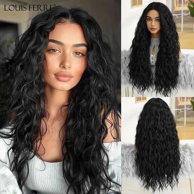 LOUIS FERRE Brown Blonde Highlights Wigs For Women Daily Long Wavy Curly Synthetic Wigs Natural Heat Resistant Hair With Bangs