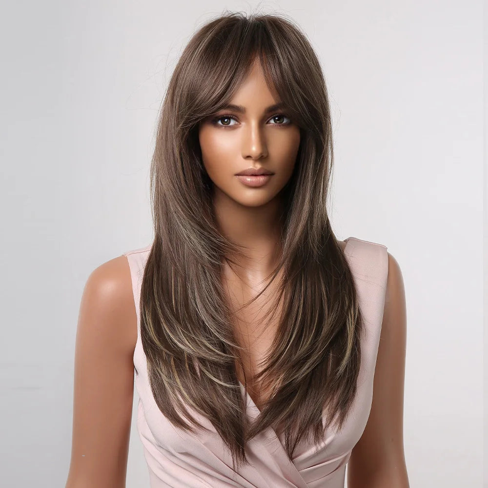 ALAN EATON Long Straight Layered Synthetic Wigs with Bangs Blonde Highlights on Brown Wigs for Black Women Afro Daily Party Hair