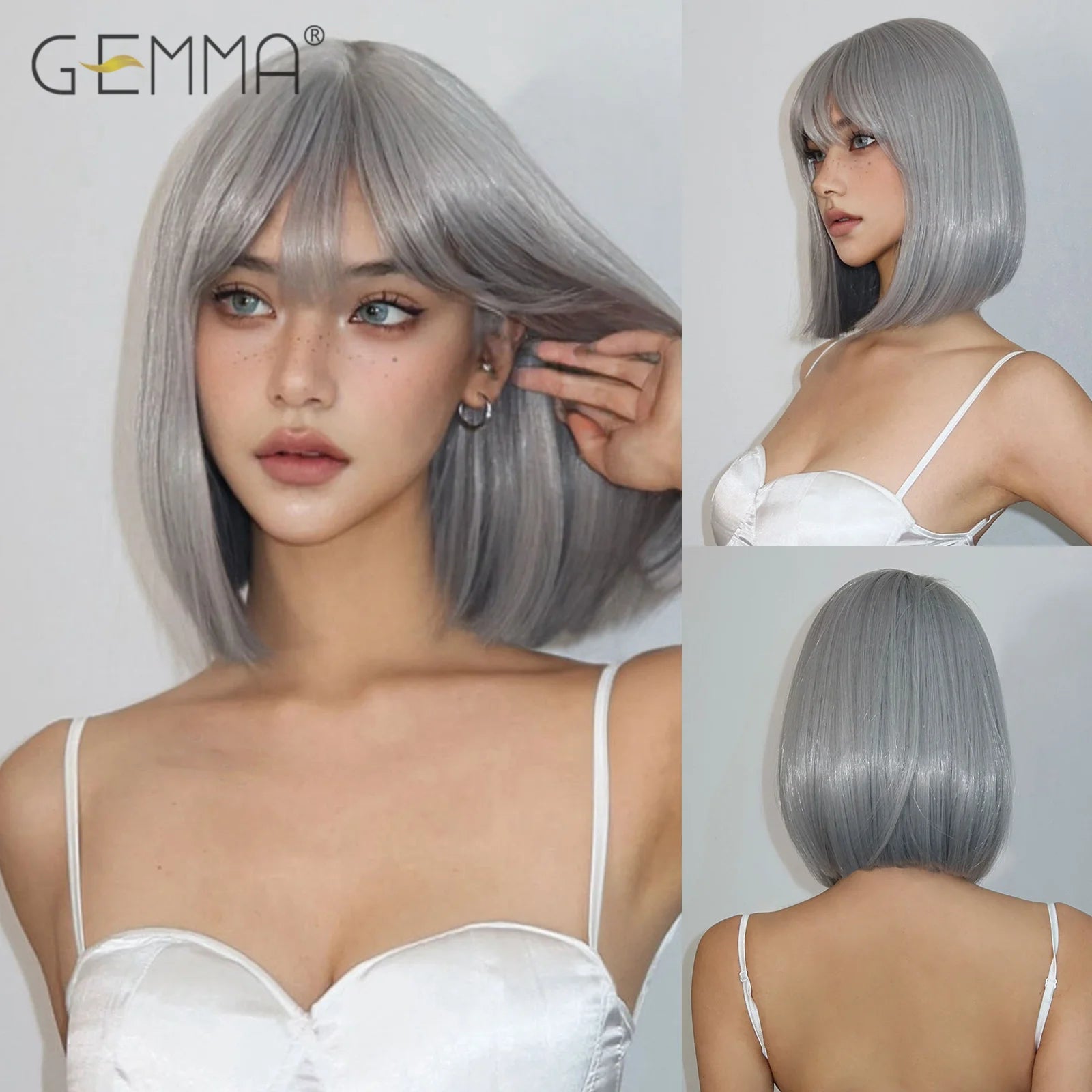GEMMA Dark Brown Bob Synthetic Natural Hair Wig with Fluffy Bangs for Women Short Straight Wigs Heat Resistant Daily Cosplay Wig