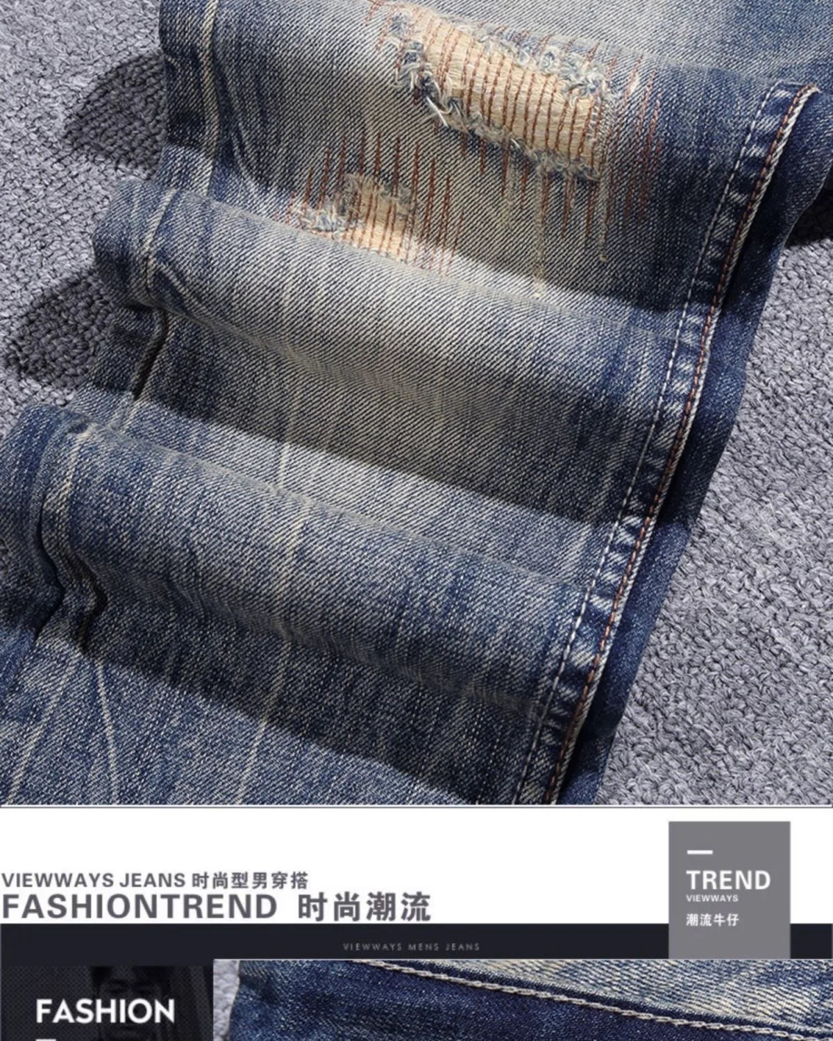 2023 Spring and Autumn New Classic Fashion Solid Color Ripped Small Foot Pants Men's Casual Comfort Elastic High Quality Jeans