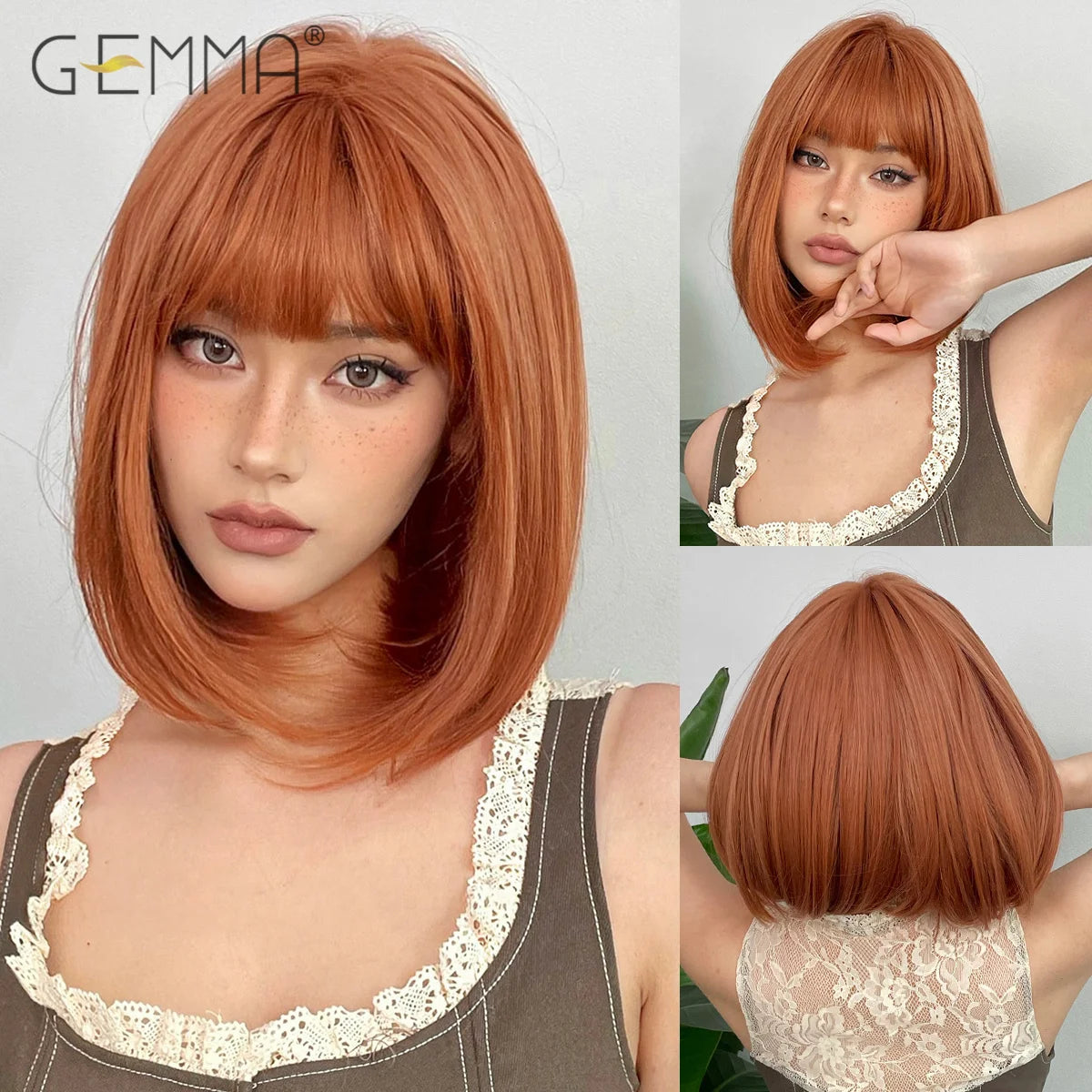 GEMMA Dark Brown Bob Synthetic Natural Hair Wig with Fluffy Bangs for Women Short Straight Wigs Heat Resistant Daily Cosplay Wig