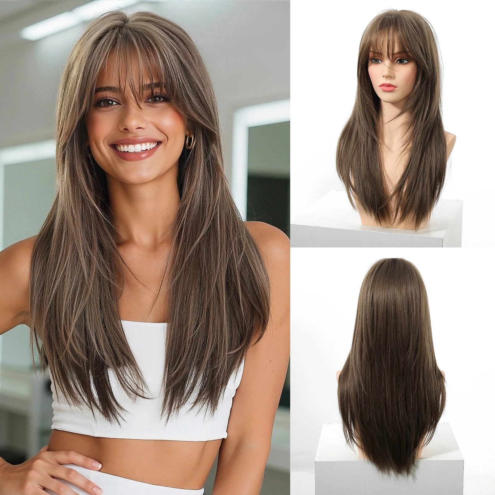 EASIHAIR Brown Straight Layered Wigs for Women Long Natural Hair Synthetic Wigs With Bangs Daily Use Party Heat Resistant Wigs