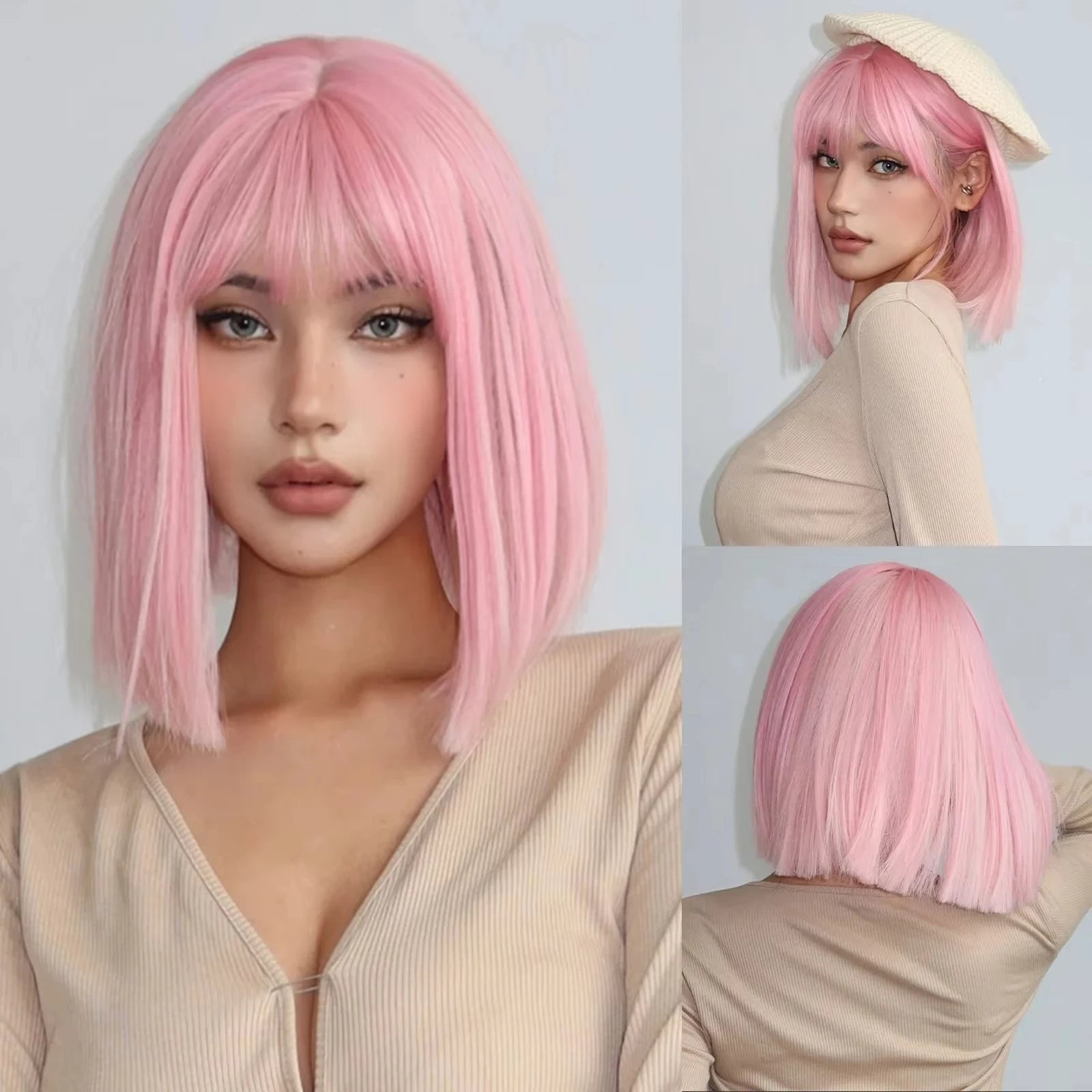 Black Bob synthetic wig women naturally split short straight hair holiday party daily wear high temperature silk wig