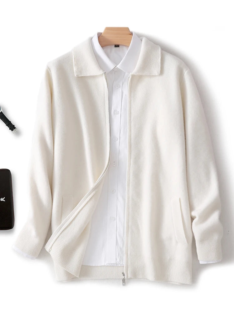New 100% Pure Wool Knitwear Cardigan Sweater Men's Lapel Zipper Thick Jacket Shirt Collar Smart Casual Knitted Long Sleeve Tops