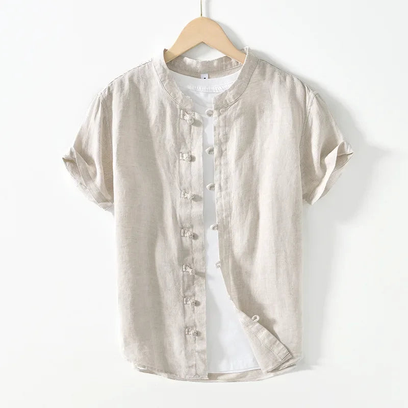 Summer New Casual Short Sleeve Shirts for Men Slim 100% Linen Streetwear Solid Color Men Clothing BL994