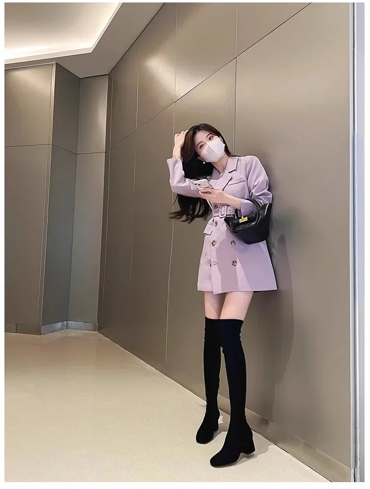 Elastic Long Faux Suede Boots Woman Over-the-knee Boots Casual Black Platform Shoes for Women Autumn Ladies Bottes 2024