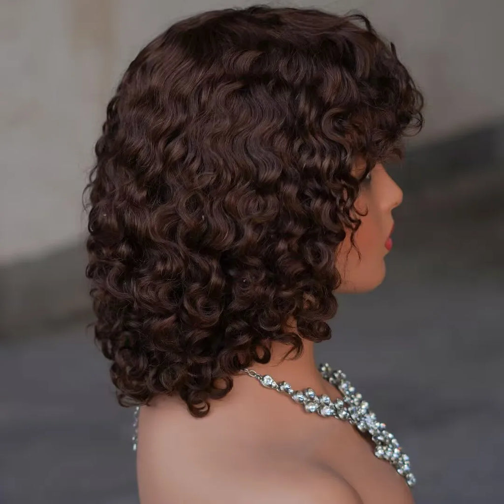 #4 Brown Deep Wave Short Bob Wigs Wear and Go Pre plucked Curly Hair Bob Wig Human Hair Glueless Wigs With Bangs Machine Made