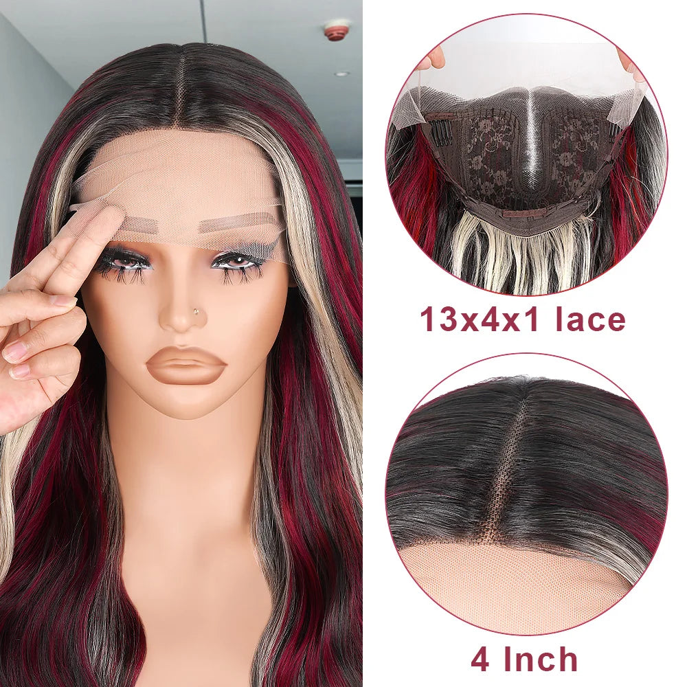 Black With Red Highlight Wig Synthetic Lace Front Wig 13X4 Pre plucked Hairline With BabyHairWomen's Wig with Density Lace Front