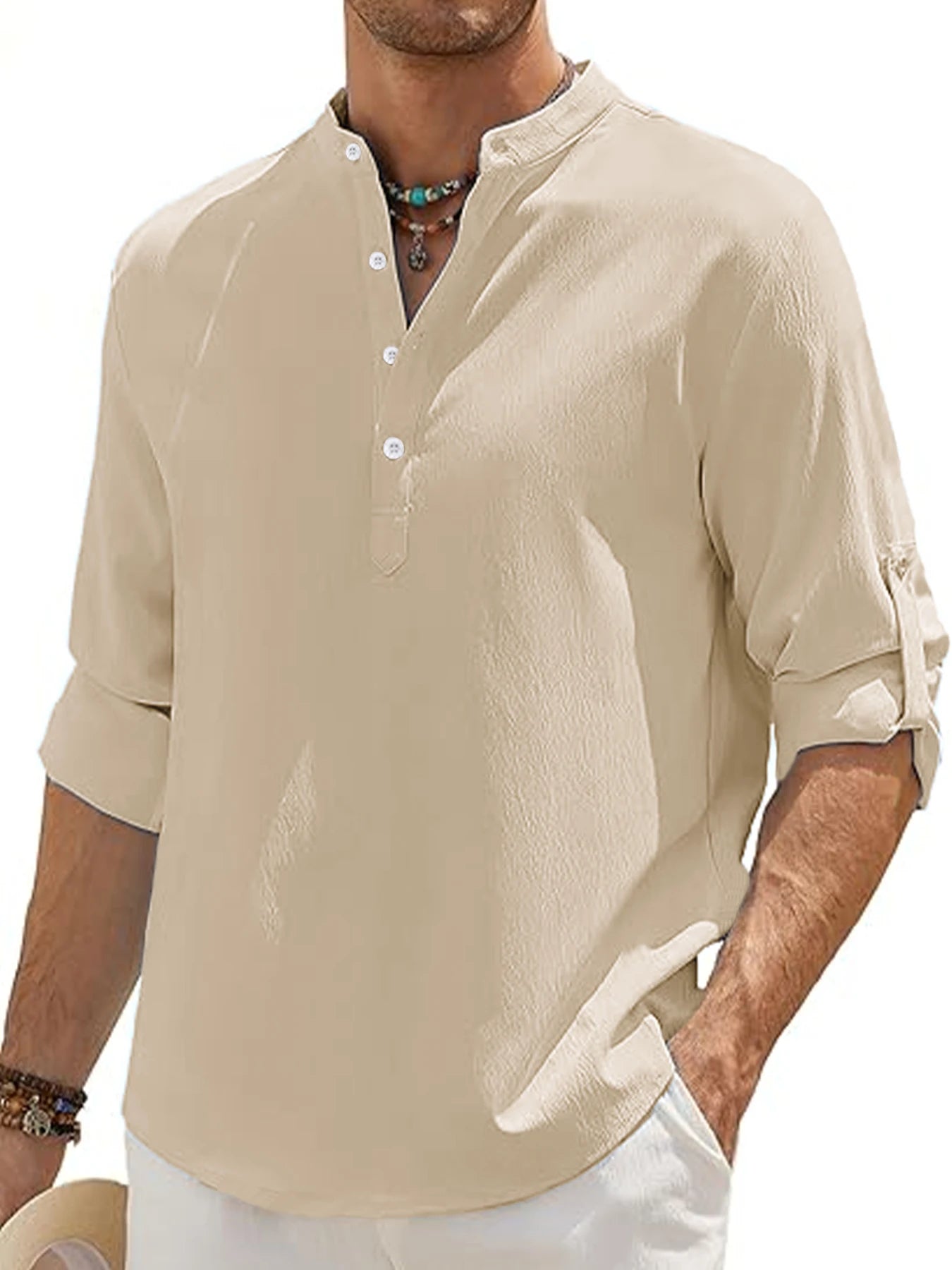 Men's Linen Shirt Summer 2025 Casual Short Sleeve Breathable Stand Collar Loose Fit Trendy Solid Color Youth Top with Pocket