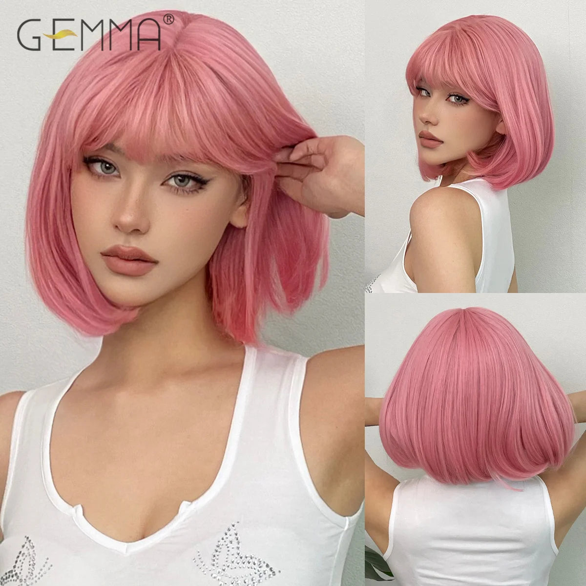 GEMMA Dark Brown Bob Synthetic Natural Hair Wig with Fluffy Bangs for Women Short Straight Wigs Heat Resistant Daily Cosplay Wig