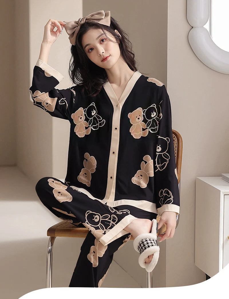 Y2k Women's 100% POLYESTER Pajamas with Cartoon Print Korean Fresh Ins Style Harajuku Lounges 2pcs 2024 New Spring/fall Homewear