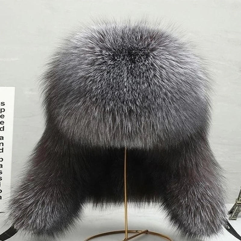 Natural Raccoon Fur Hat Women Black Fox Fur Russian Ushanka Hats Winter Warm Ears Bomber Cap