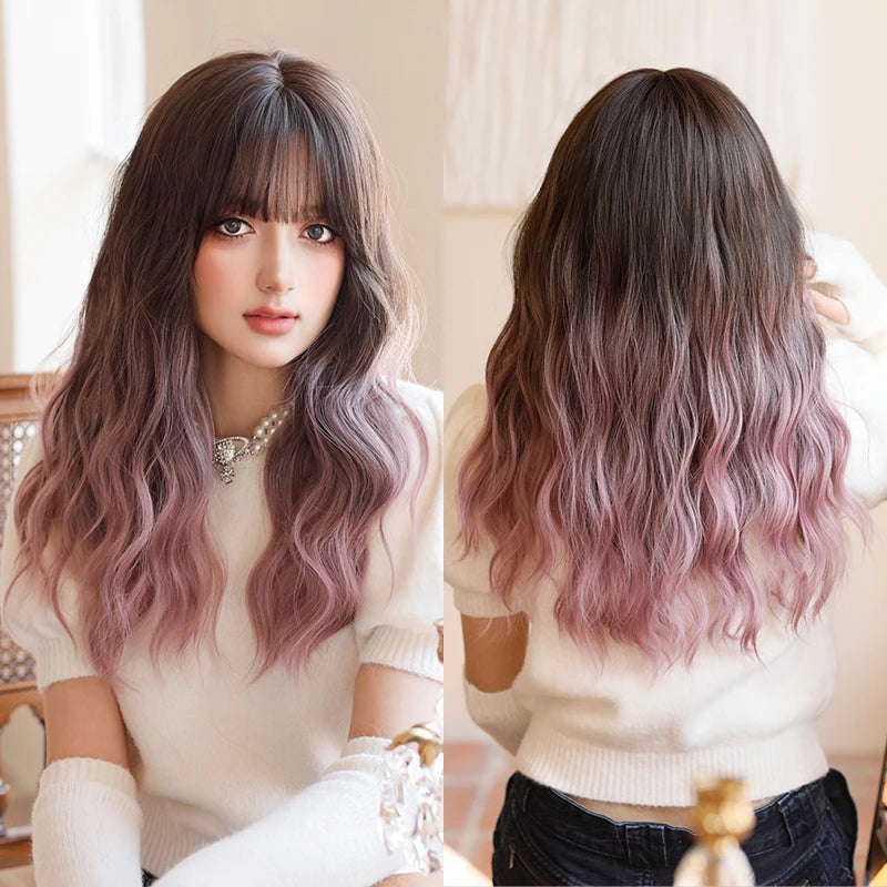 7JHH WIGS Body Wavy Wig Long Loose Curly Brown Wig for Women Daily Use High Density Synthetic Layered Hair Wigs with Bangs