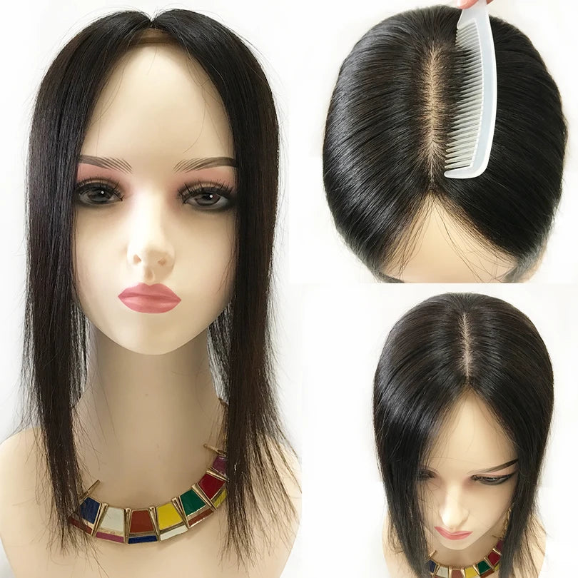 9x14cm Straight Silk Base Women Topper with Clips In Virgin European Human Hair Toupee for Women  20cm-40cm Hand Made