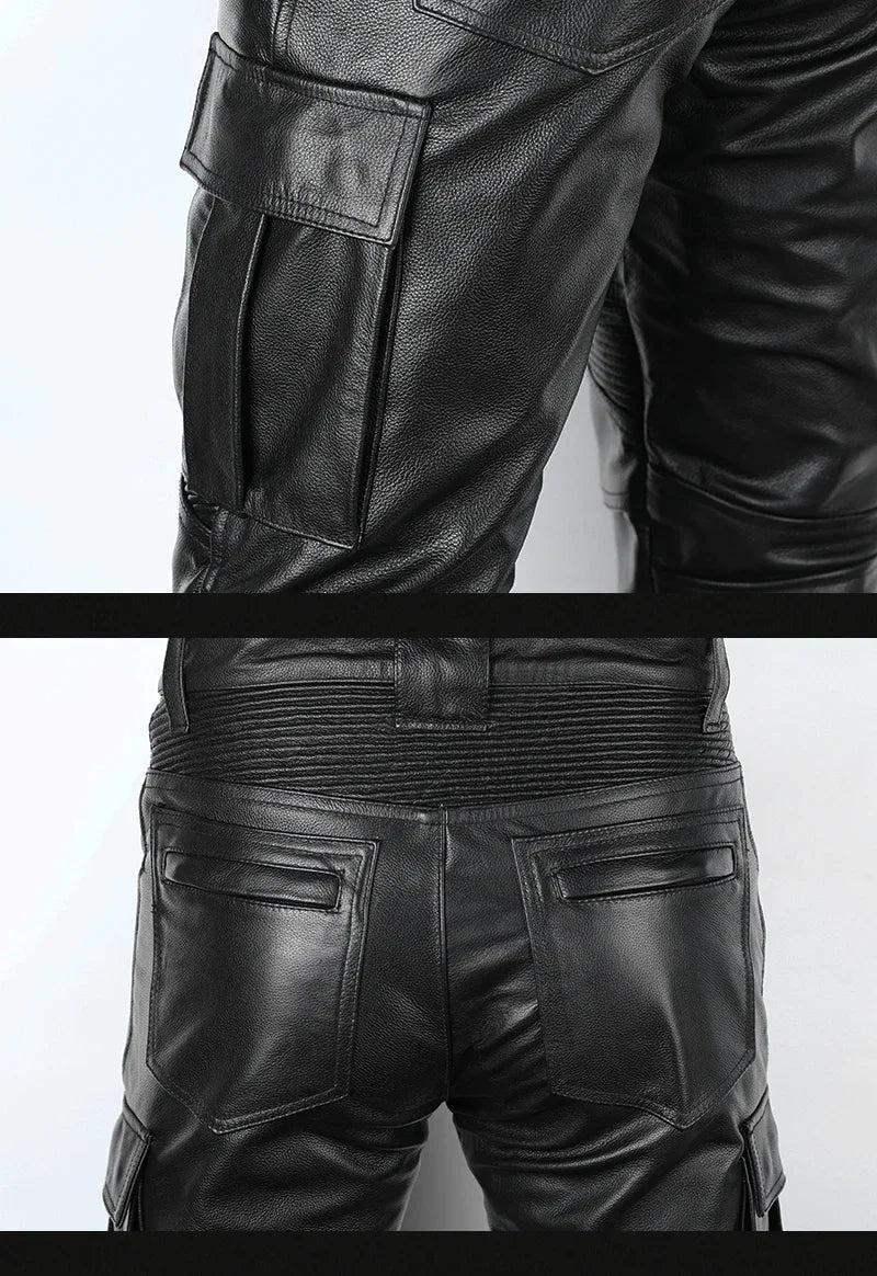 Men's Autumn Winter Punk Slim Casual Long Trousers Retro Leather Motorcycle Street Pants Windproof Warm Cowhide Pencil Pant Male