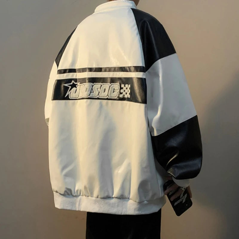 Gmiixder American Hip-hop Racing Coat Motorcycle Leather Jacket Men's Flocked Embroidery Loose Casual Windproof Punk Vibe Jacket
