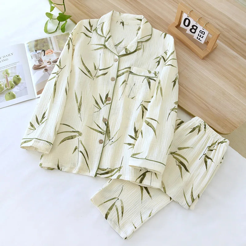 2026 Japanese New Spring and Autumn Women's Pajama Set 100% Cotton Gauze Long Sleeve Casual Home Clothes Two Piece Set