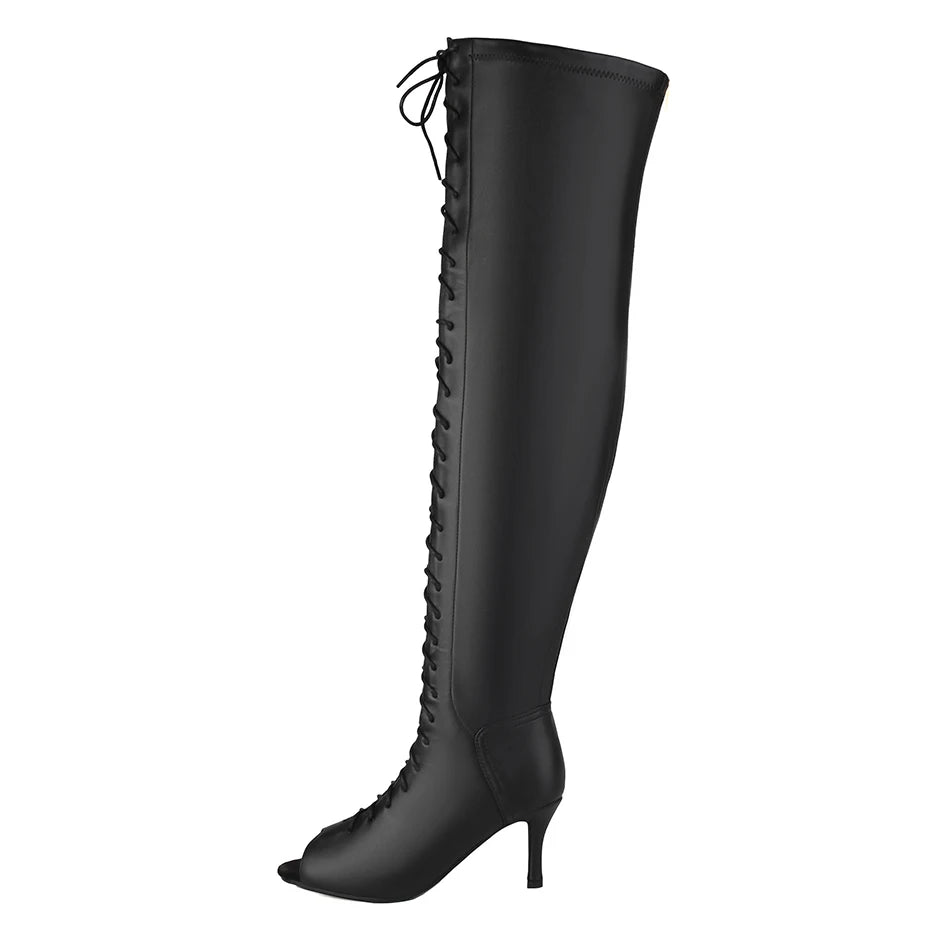 Fashion Party Women's Dance Shoes Sexy Thin High Heels Open Toe Cool Boot Summer Latin Jazz Ballroom Cross Straps Thigh Boots
