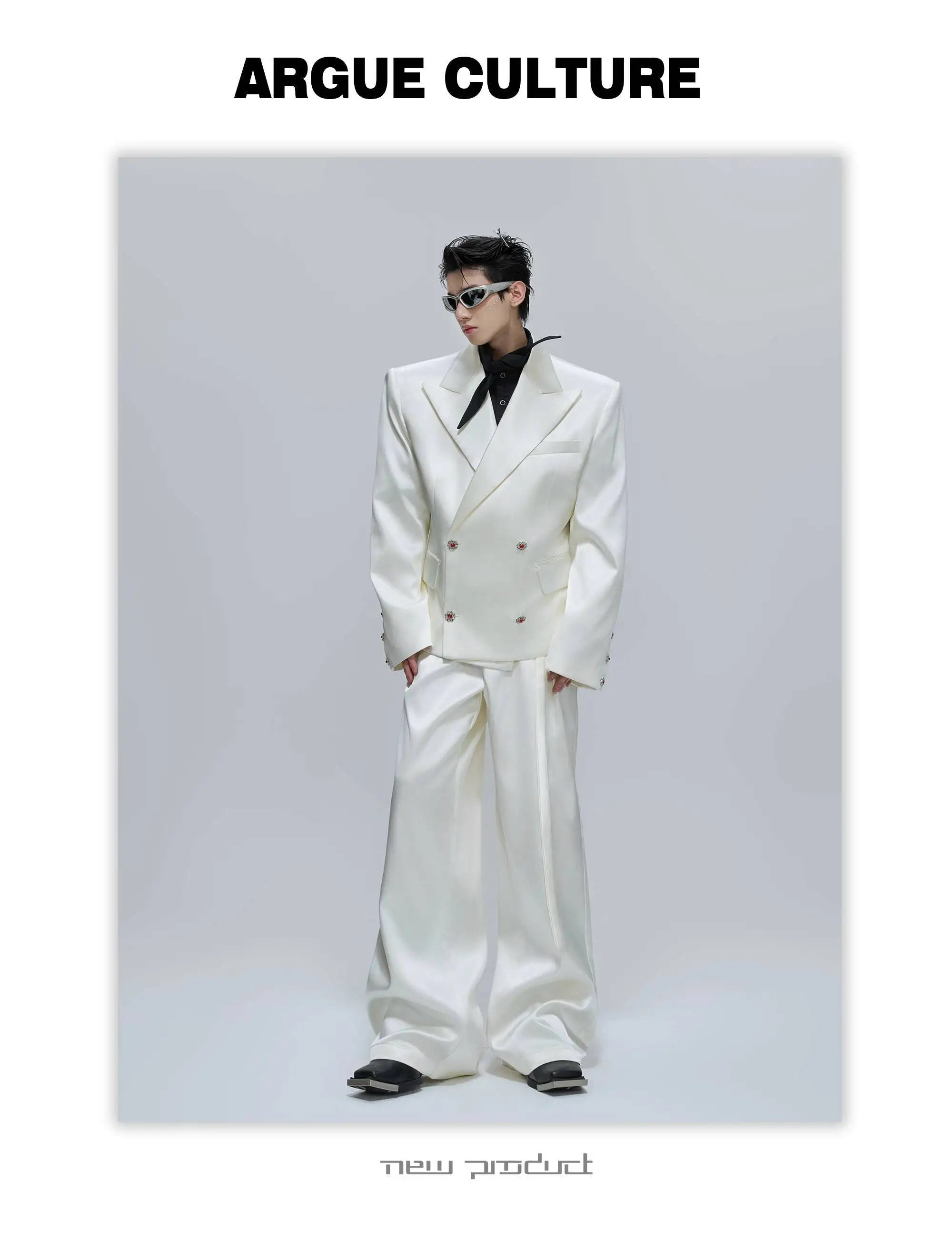 FEWQ Niche Design Men's Suit Sets Lapel Double Breatsed Silhouette Glossy Blazers Wide Leg Belt Chc Button Male Trousers 24K6098