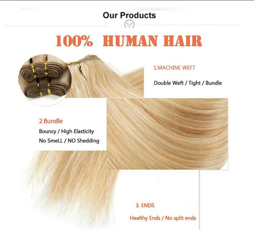 Straight Human Hair Weaves Bundles Brazilian Remy Human Hair Sew In Weft Extensions Straight Blonde 100g 16"-28" Natural Hair