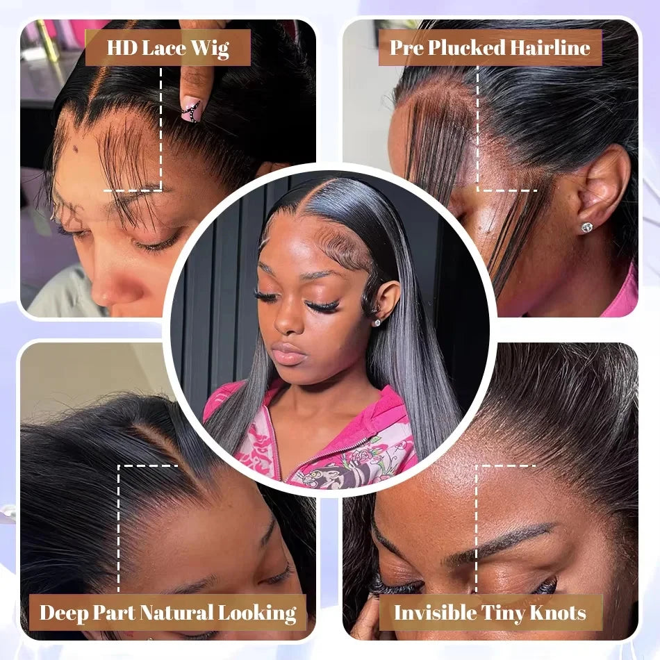 13x4 Brazilian Human Hair Wear and Go 200 Density Straight 13x6 Hd Lace Frontal No Glue Natural Black Pre Plucked with Baby Hair