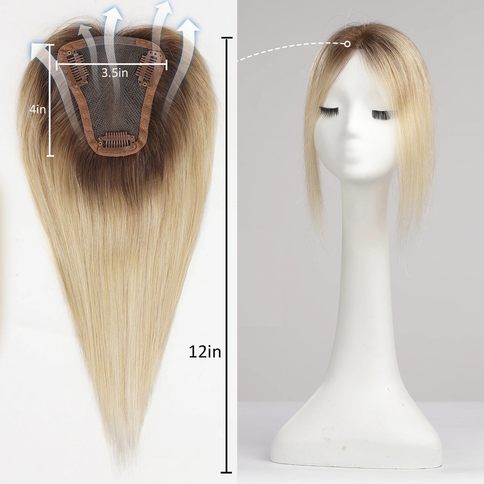 100% Remy Human Hair Toppers Ombre Light Brown Blonde Middle Part Human Hair Pieces for Women with Thinning Hair Clip in Toppers