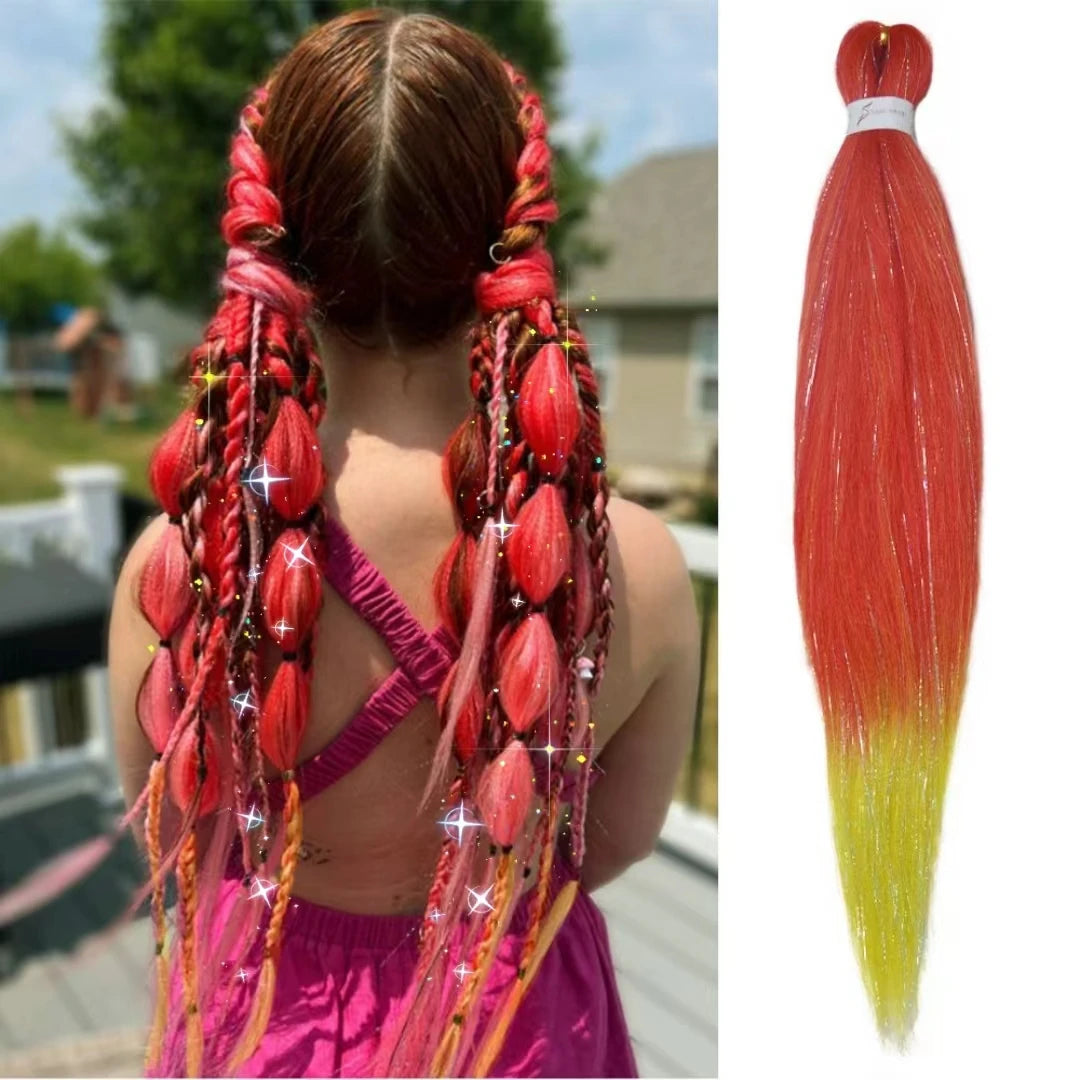 Dard Red White 3 Tones Ombre Straight Braids Blend Hair Tinsel Festival Rave Hair Extensions for Girls Crazy Hair Day Braids