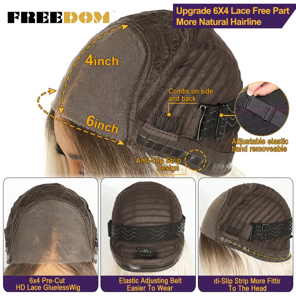 FREEDOM Layered Straight Synthetic Lace Front Wigs For Women Short Bob 6x4 Wear And Go Glueless Wig Ombre Brown Pre Plucked Wigs