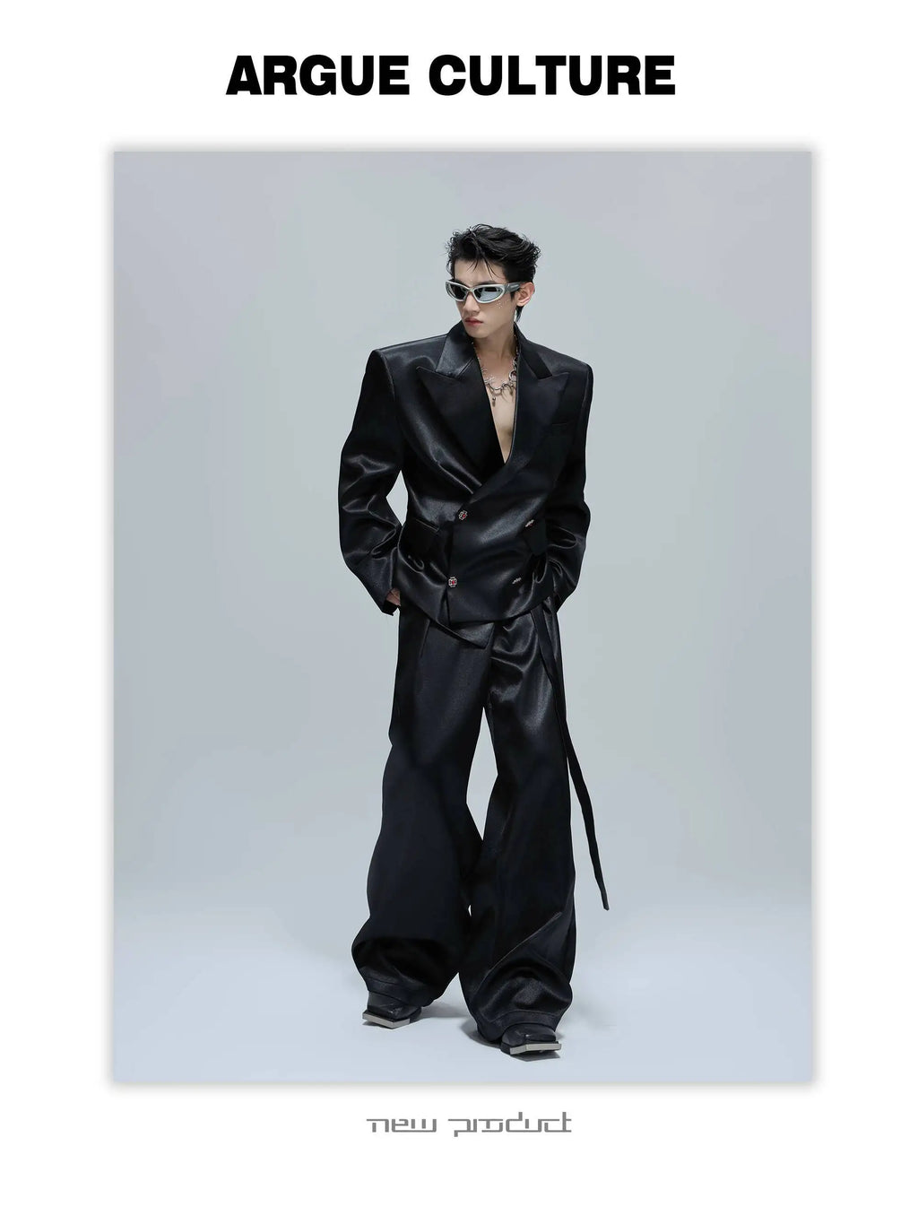 FEWQ Niche Design Men's Suit Sets Lapel Double Breatsed Silhouette Glossy Blazers Wide Leg Belt Chc Button Male Trousers 24K6098
