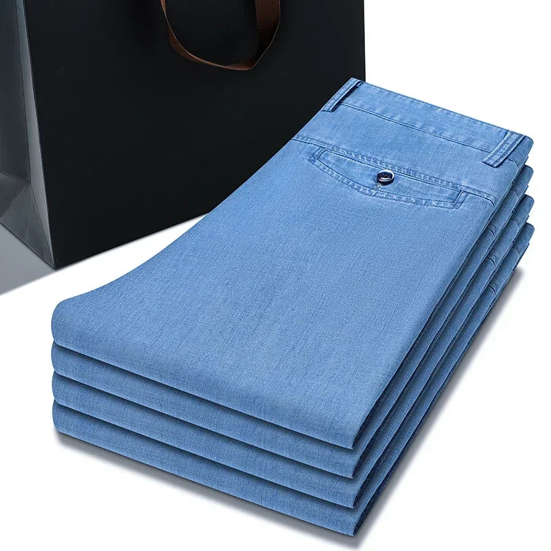 2024 New Men's Thin Lyocell Fabric Loose Jeans Light Blue Business Fashion Stretch Denim Trousers Male Clothing Brand Pants