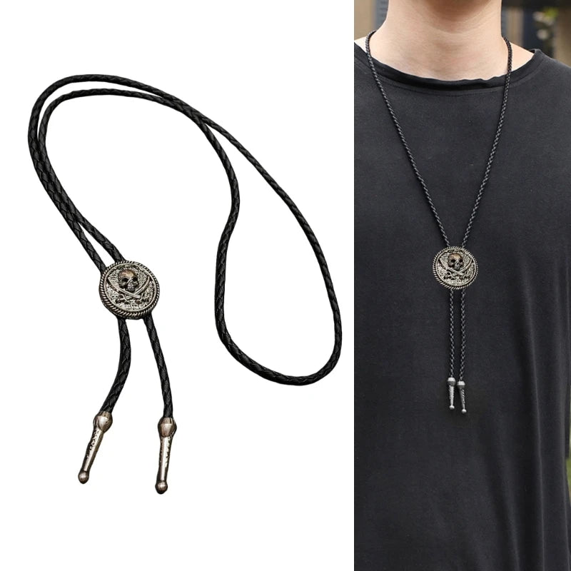 Unisex Metal Pendant Bolo Tie Western Leather Cord Adjustable Necktie Necklace
