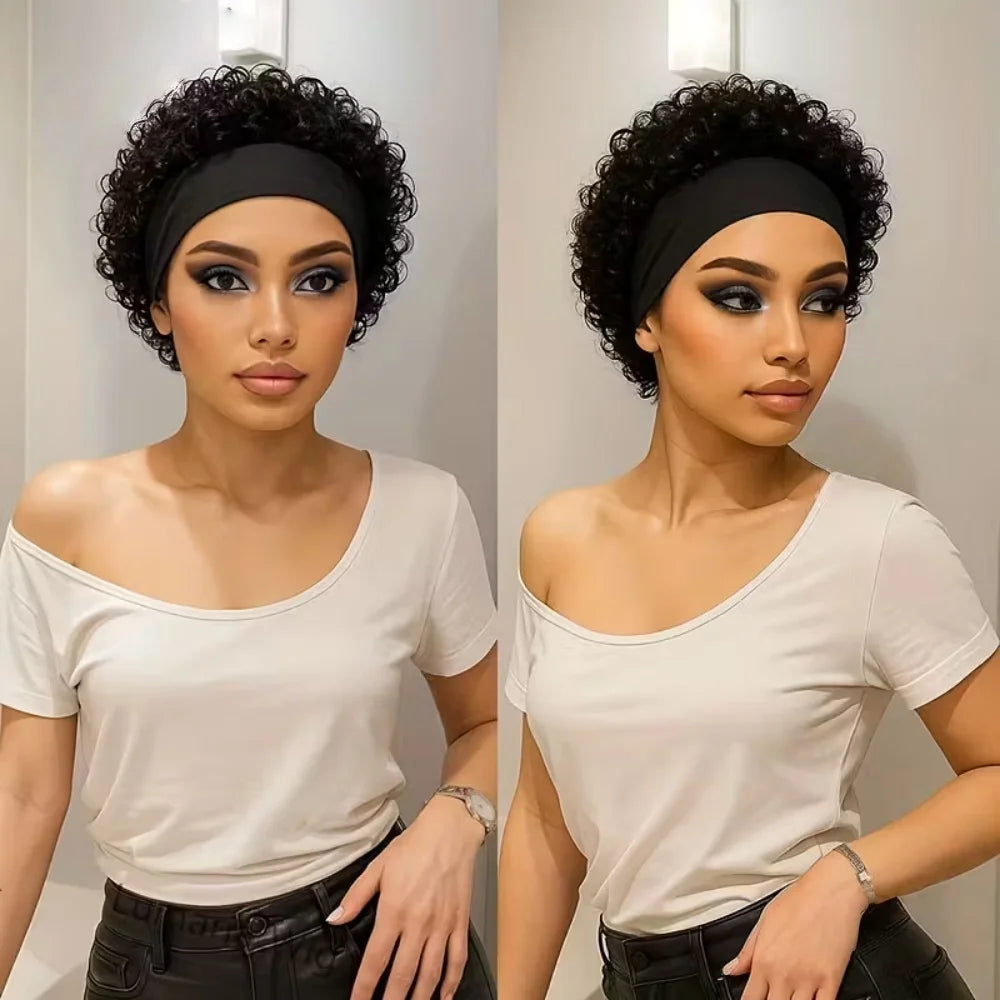 Short Pixie Cut Human Hair Headband Wig Curly Waves For Women Natural Look Wig Full Machine Made Wig