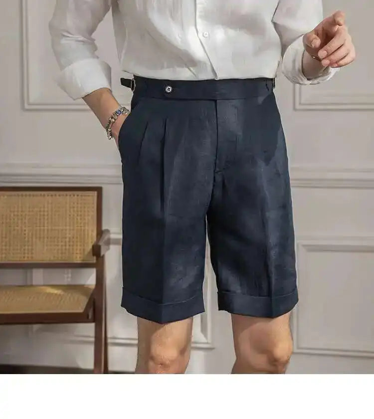 100% Linen Summer Straight Naples Shorts Men Solid Color Business Dress Pants Office Social Casual Slim Fit Shorts