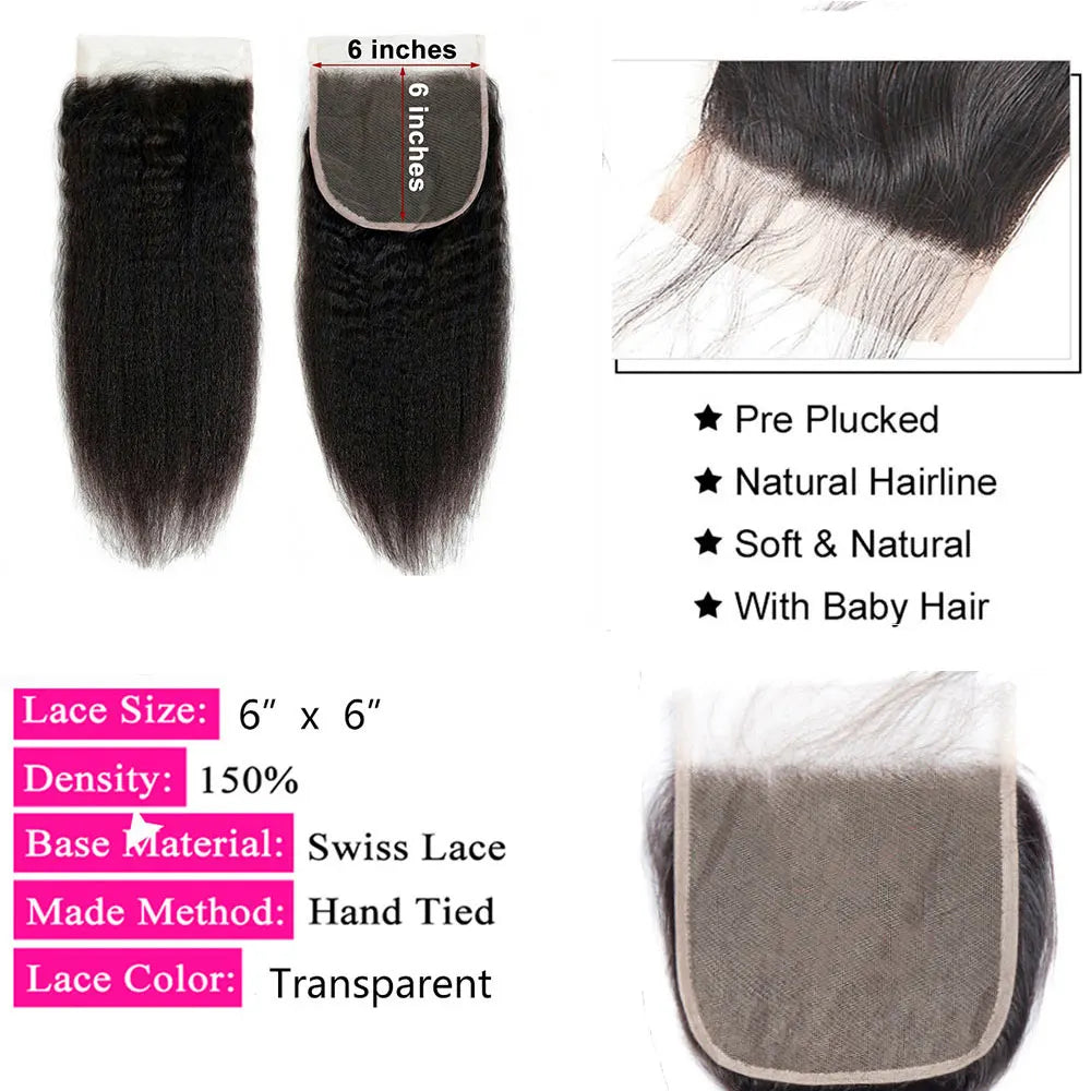 Kinky Straight Closure Human Hair 4x4 5x5 6x6 Transparent Lace Closure Frontal 13x4 13x6 Kinky Straight Lace Frontal Closure