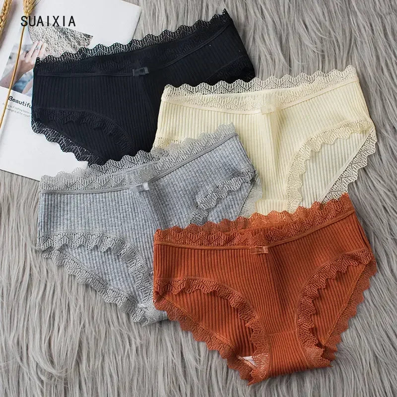 Cotton Sexy Lace Mid Waist Underwear Threaded Brief Solid Color Skin Friendly Ladies Underpant Breathable Fashion Casual Panties