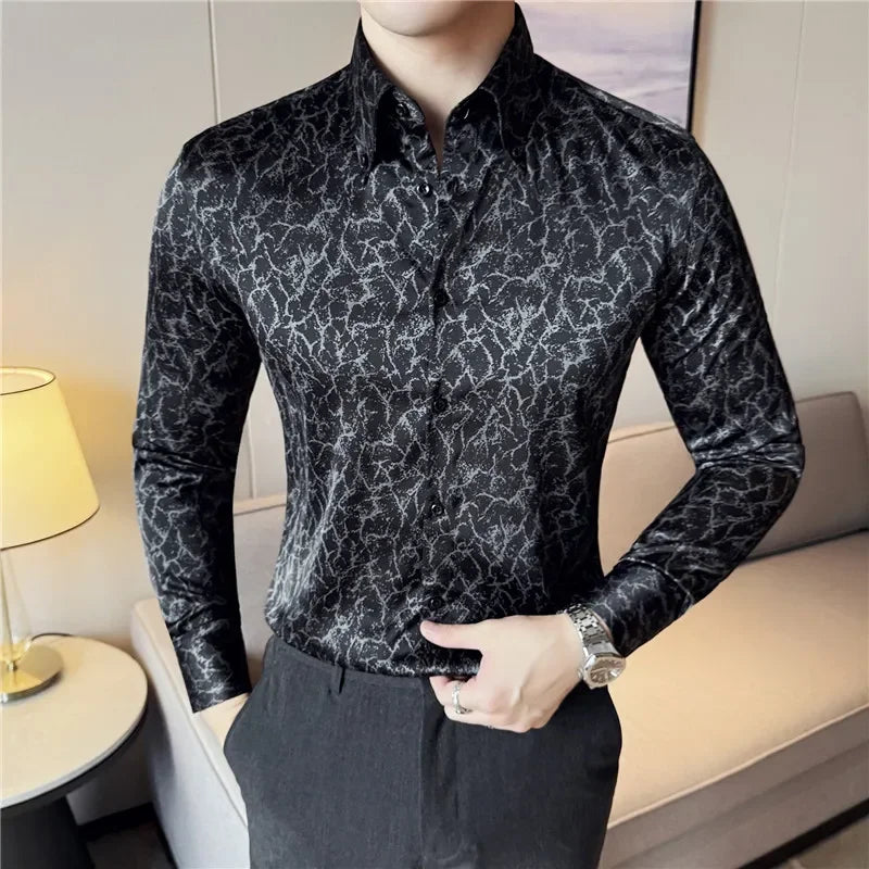 Men Dress Shirt 2024 Solid Casual Long Sleeve Slim Fit Print Shirt Fashion Formal Social Banquet Tuxedo Wedding Men Clothing