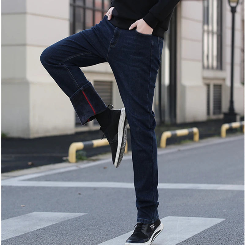 Tall Man Fleece Jeans 117CM Extra Long Stretched Plus Size 42 44 Fit Trousers Warm Autumn Winter High Waist Denim Pants Trousers