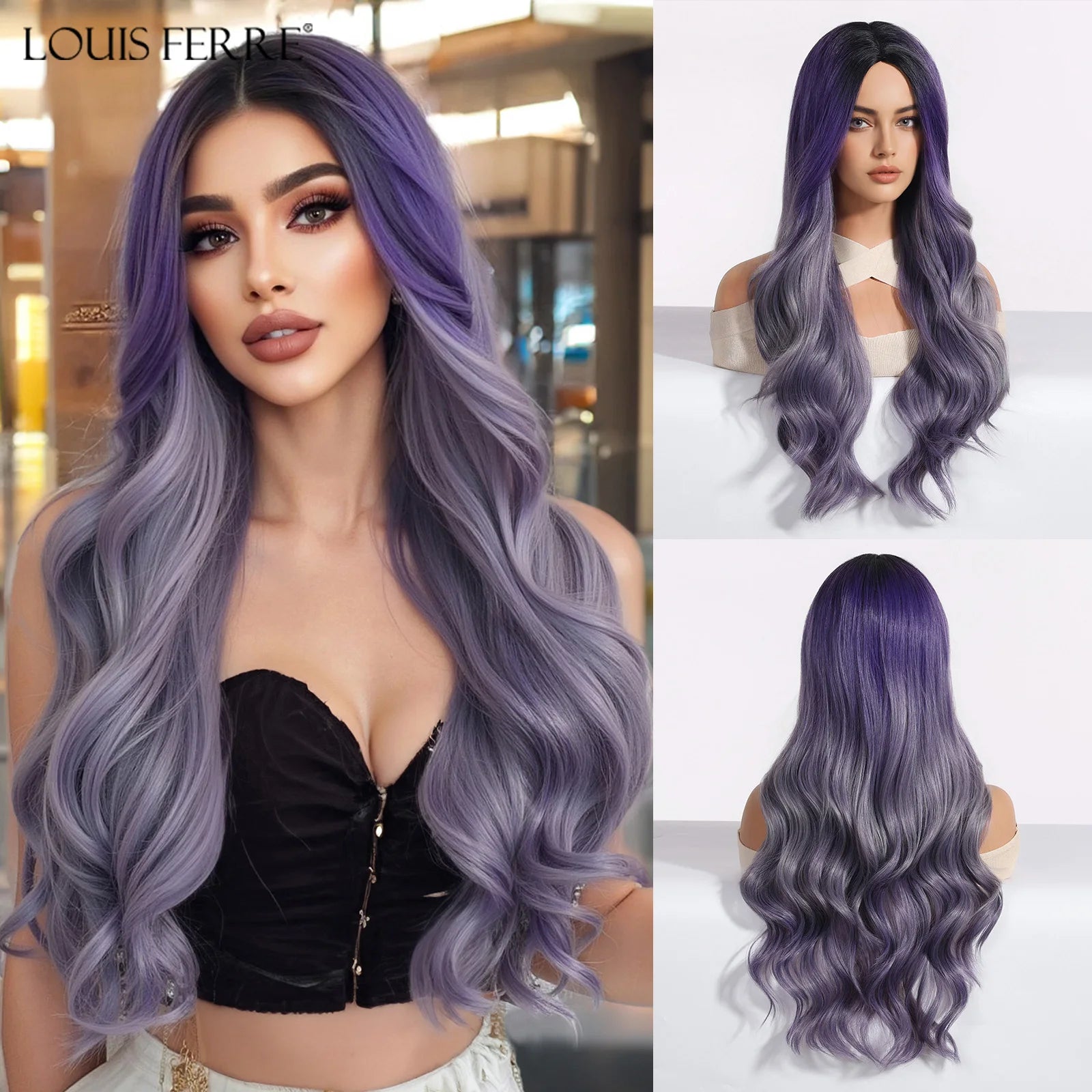 LOUIS FERRE Brown Blonde Highlights Wigs For Women Daily Long Wavy Curly Synthetic Wigs Natural Heat Resistant Hair With Bangs