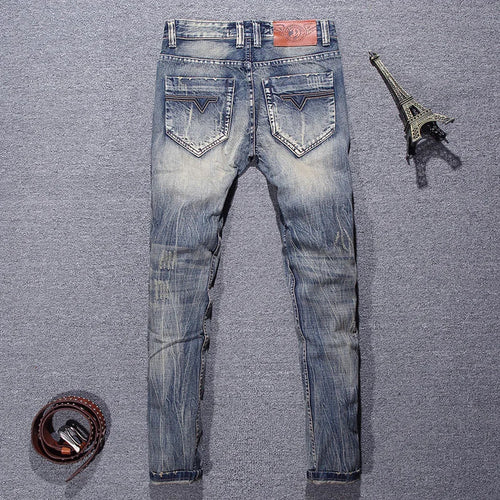 2023 Spring and Autumn New Classic Fashion Solid Color Ripped Small Foot Pants Men's Casual Comfort Elastic High Quality Jeans