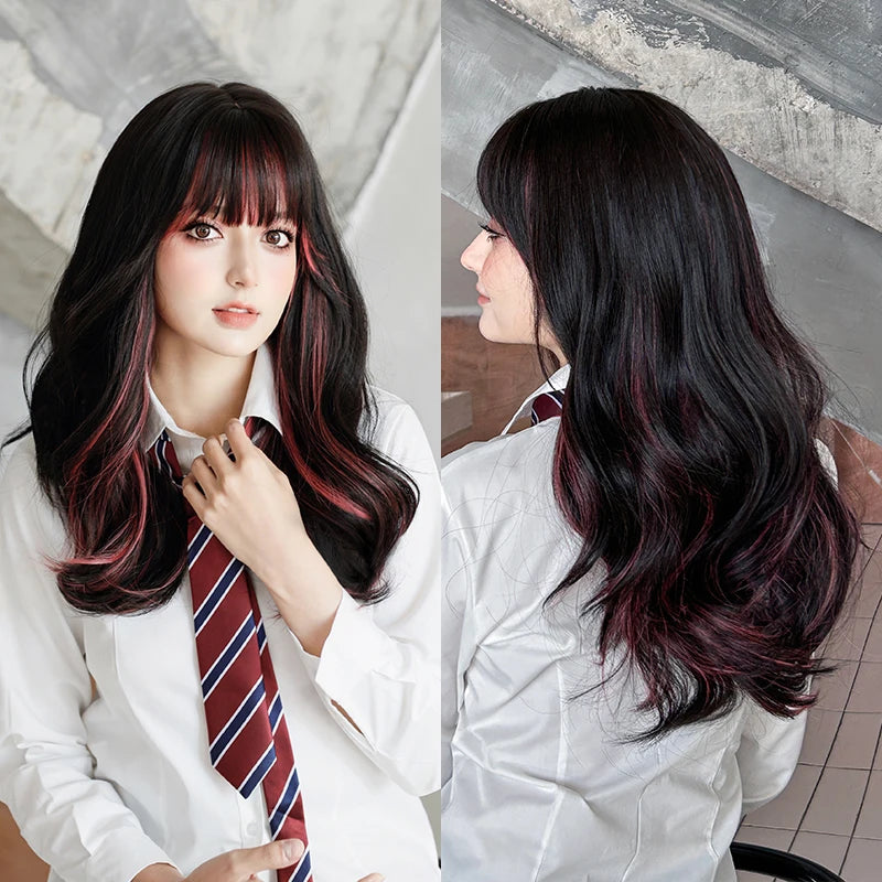 7JHH WIGS Body Wavy Wig Long Loose Curly Brown Wig for Women Daily Use High Density Synthetic Layered Hair Wigs with Bangs