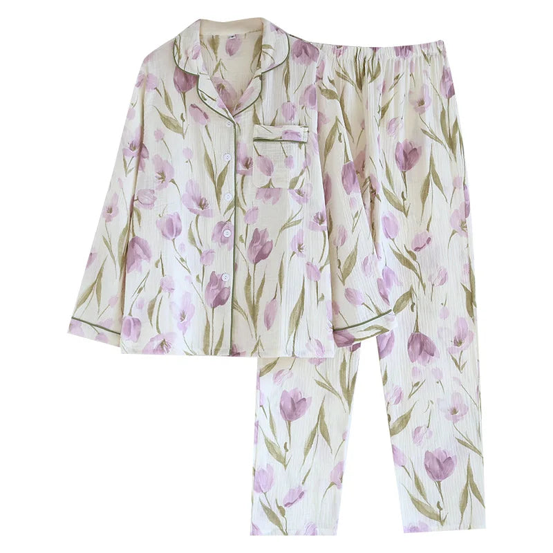2026 Japanese New Spring and Autumn Women's Pajama Set 100% Cotton Gauze Long Sleeve Casual Home Clothes Two Piece Set