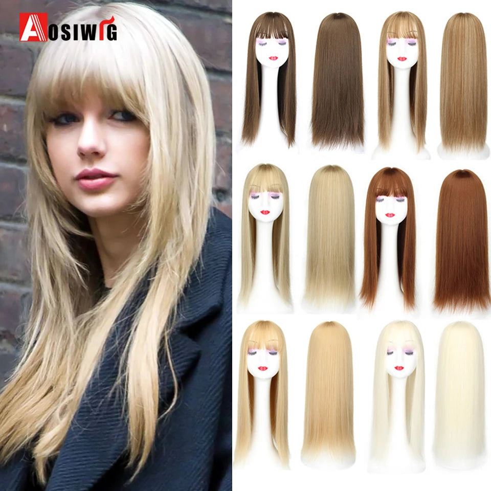 AOSIWIG Synthetic Long Straight Topper Closures Hairpiece Clip In Hair Extensions Cover White Hair Women Natural Fake Hairpiece