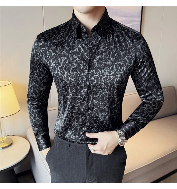 Men Dress Shirt 2024 Solid Casual Long Sleeve Slim Fit Print Shirt Fashion Formal Social Banquet Tuxedo Wedding Men Clothing