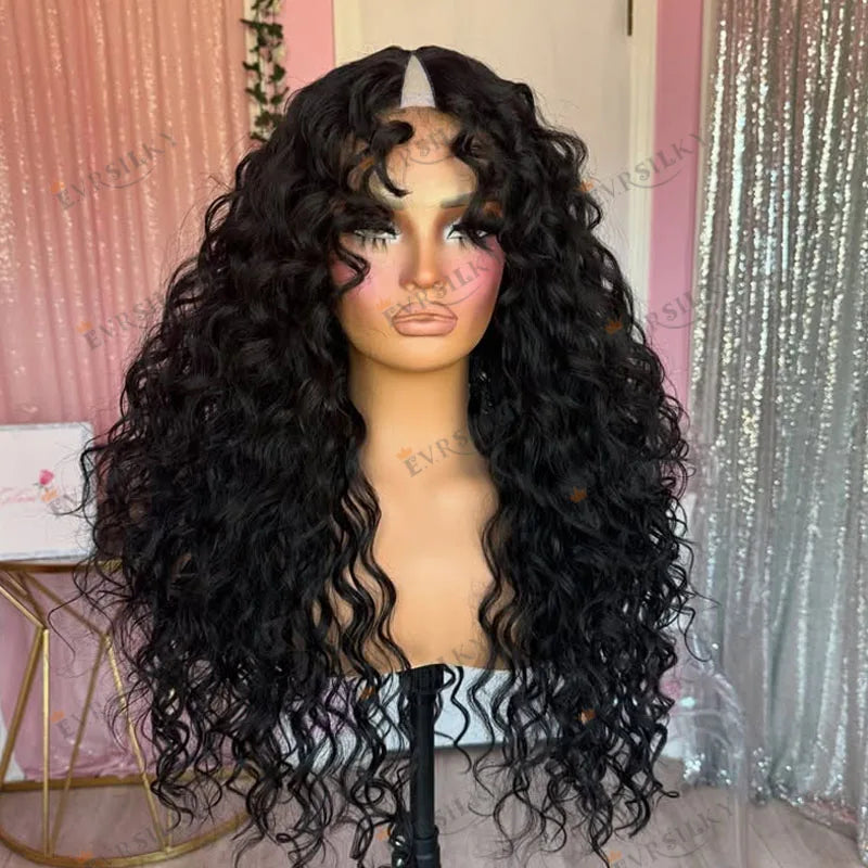 250Density Deep Loose Wave Jet Black Afro Black Women Human Hair V Part Wigs with Clips Natural Look 1x4 Size U Part Wigs