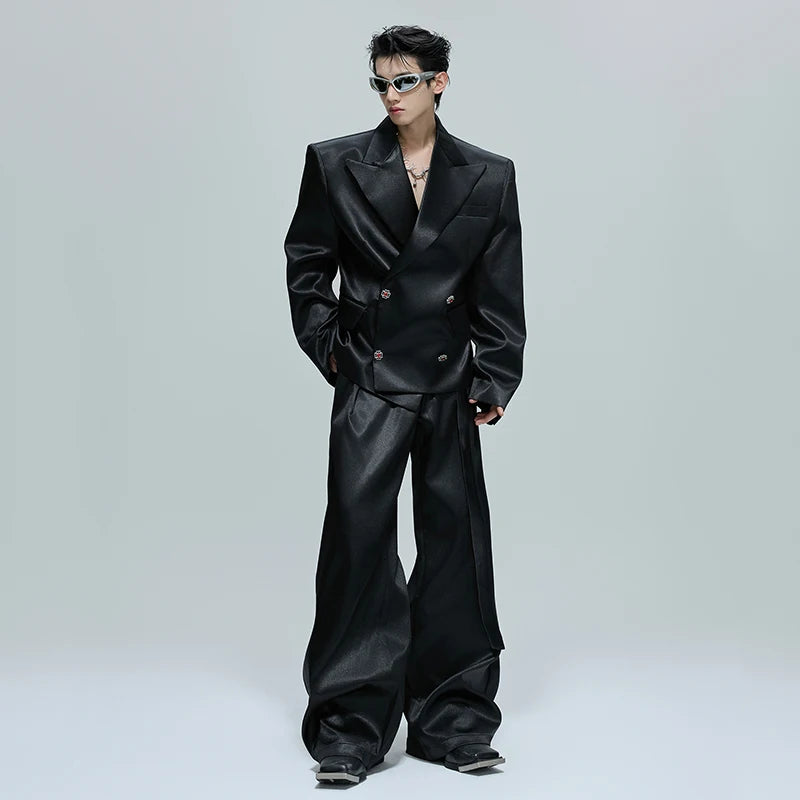 FEWQ Niche Design Men's Suit Sets Lapel Double Breatsed Silhouette Glossy Blazers Wide Leg Belt Chc Button Male Trousers 24K6098