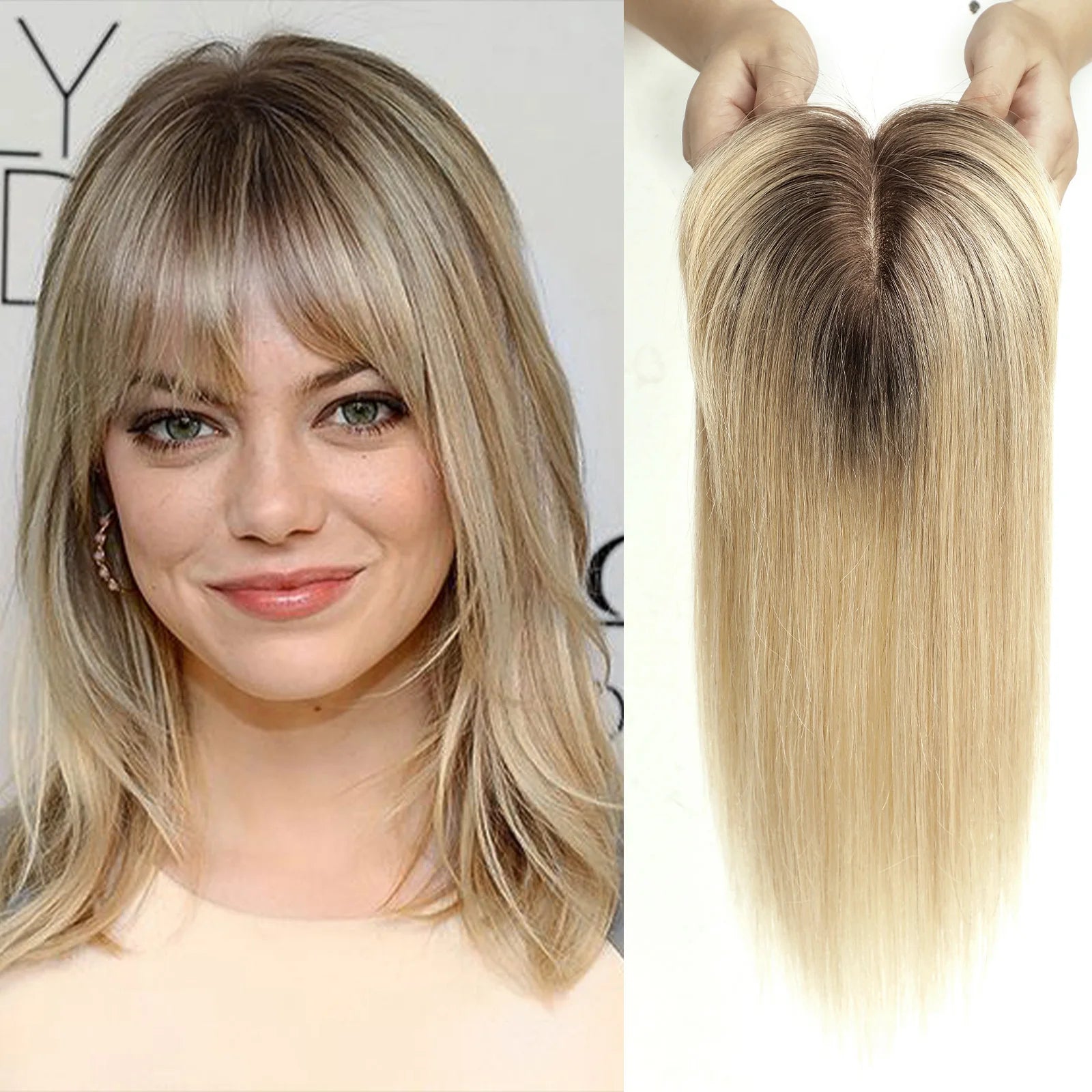Ombre Brown Real Human Hair Toppers Wigs with Bangs Silk Base Clip Pieces 14inch Straight Topper Hairs for Women Hair Extension