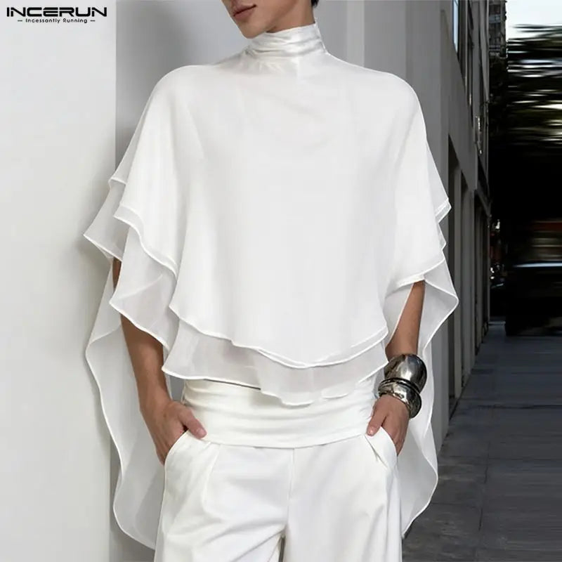 INCERUN Men Irregular T Shirt Solid Color Chiffon Turtleneck Ruffle Male Tee Tops Streetwear Loose Fashion Casual Men Clothing
