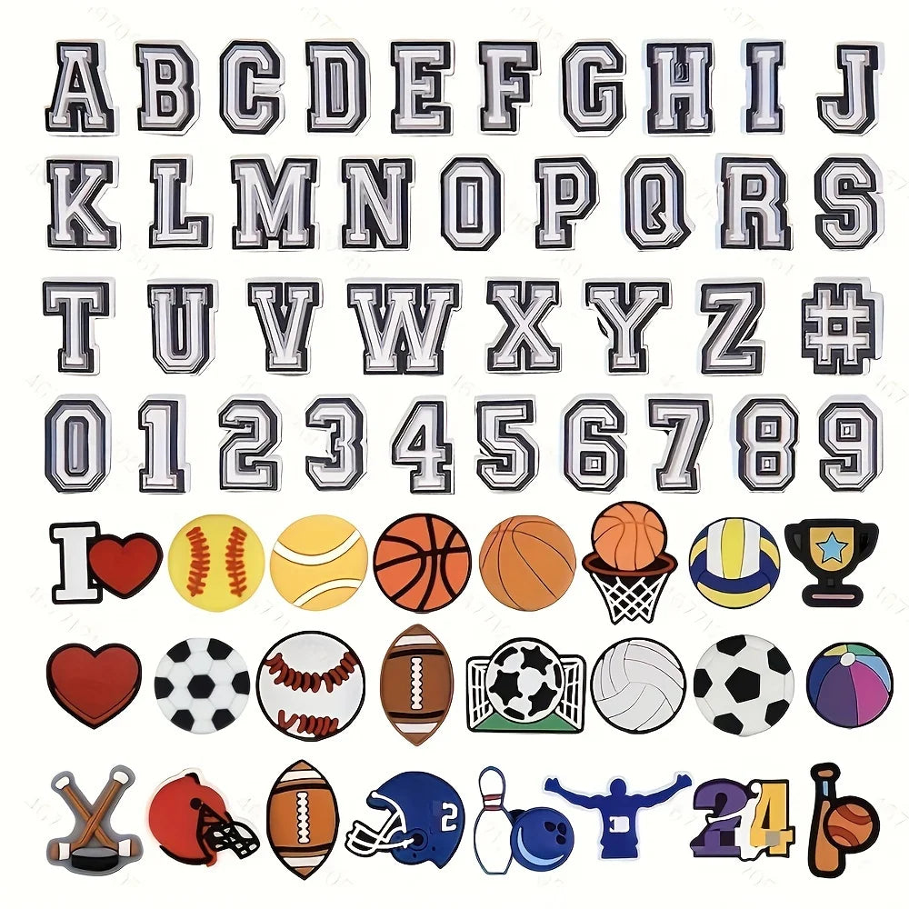 50Pcs Sports Letters Numbers Charms for Crocs Charms Shoe Decorations,Basketball Baseball Hockey Softball Soccer Football Gift