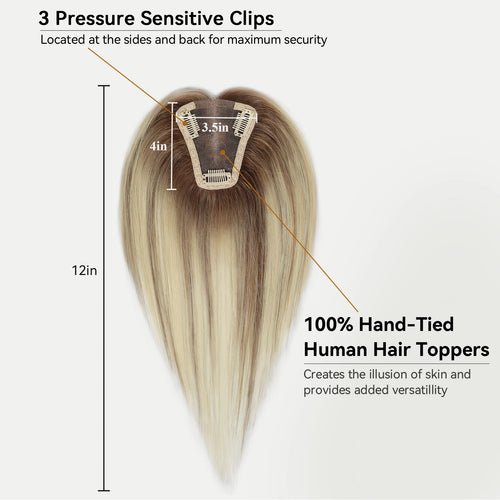 100% Remy Human Hair Toppers Ombre Light Brown Blonde Middle Part Human Hair Pieces for Women with Thinning Hair Clip in Toppers